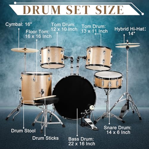 Ktaxon 22 Inch Adult Drum Set, 5-Piece Full-Size Drums Kit with Cymbal Stands, Hi-hat Stand, Sticks, Drum Pedal, Stool & Floor Tom for Beginner Teens Student (Blue)