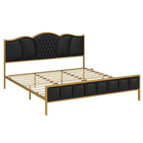 Bed Frame, King Bed Frame and Headboard, Platform Bed, Faux Leather, Metal Frame, Tufted Modern No Box Spring Needed, Strong Wooden Slats, Gold and Black
