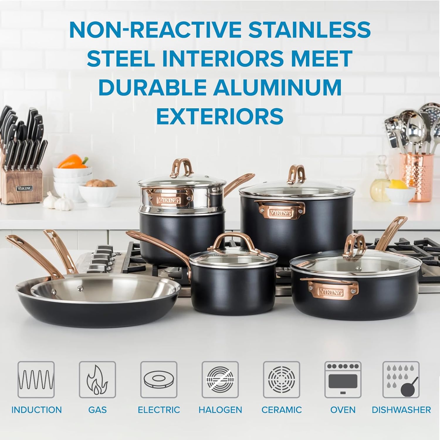 Viking Culinary 3-Ply 11 piece Cookware Set, Black with Copper with Glass Lids, Works on All Cooktops including Induction