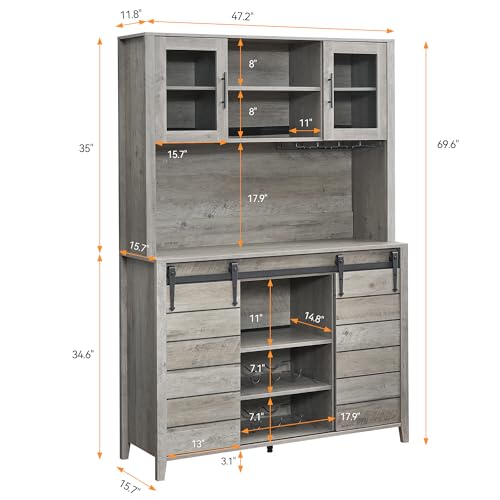 70" Farmhouse Coffee Bar Wine Cabinet with Sliding Barn Doors and Storage, Tall Kitchen Hutch with Wine & Glasses Rack, Pantry Cabinet for Kitchen, Dining Room, White