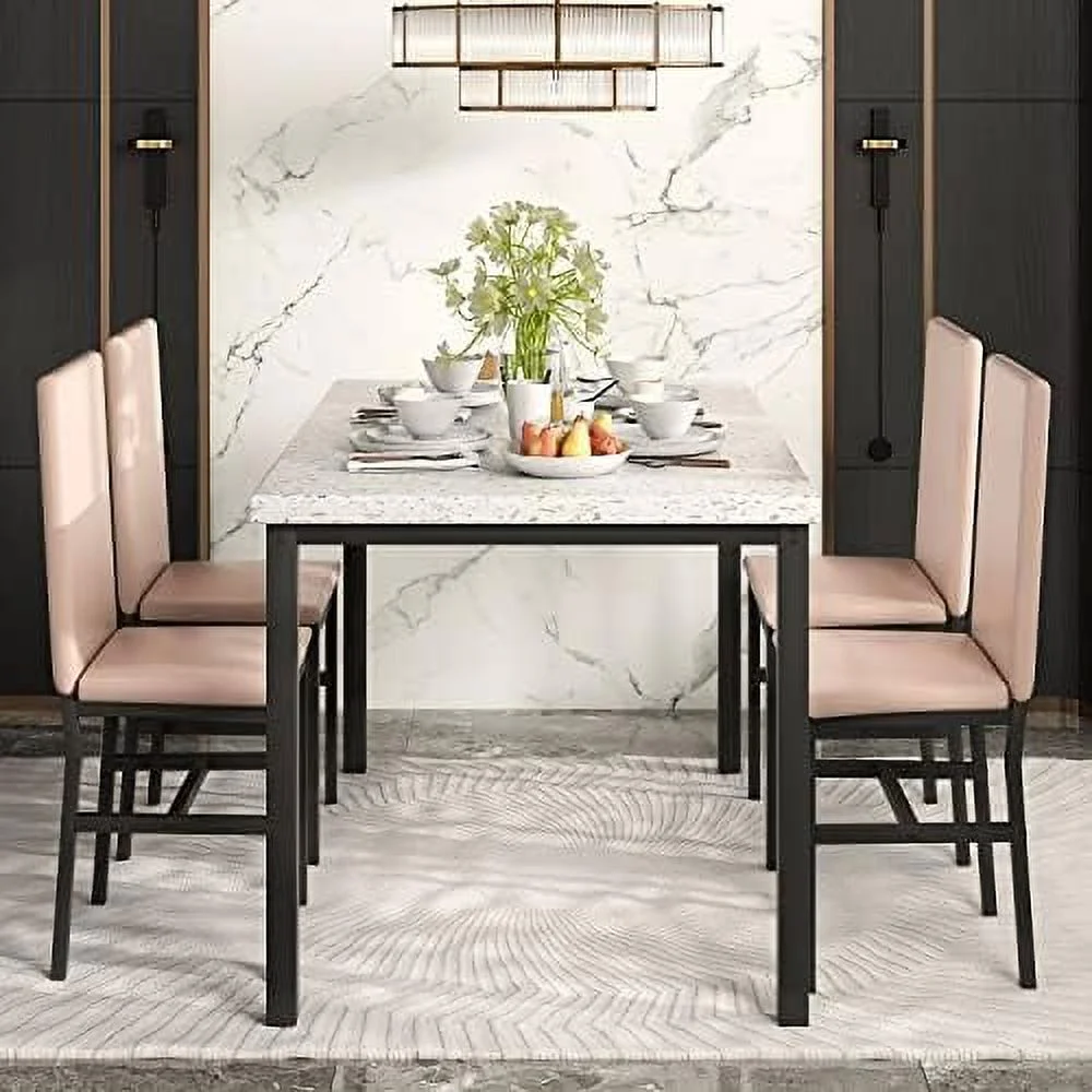 HJZBNONE 5-Piece Faux Marble Kitchen Table &amp; Chair Set  4 PU Metal Frame Chairs for Small  Modern Compact Space for Home  Breakfast Nook Cafeteria Dining Room w/ Racks  01 Coffee