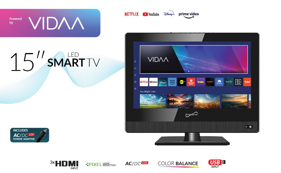 Supersonic SC-1520VTV 15.6 inch Smart AC/DC LED TV, Powered by VIDAA, 1080p, WiFi, Built-in Speakers, USB, HDMI, for Kitchen, RV, Boat, Truck, Playroom, Dorm Room, Remote, DC Car Cord Included