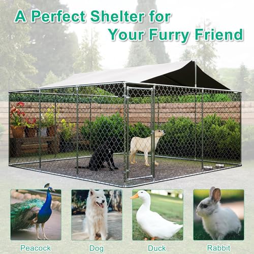 13.1x7.5x7.6 FT Outdoor Dog Kennel, Large Heavy Duty Galvanized Steel Dog Cage with Waterproof Cover, Dog Fence House w/Secure Lock, Anti Rust Dog Enclosure Playpen for Backyard, Silver