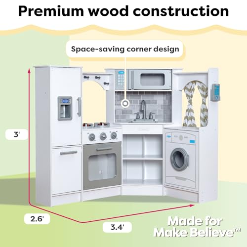 KidKraft Ultimate Corner Wooden Play Kitchen with Lights & Sounds, Play Phone and Curtains, Espresso, Gift for Ages 3+