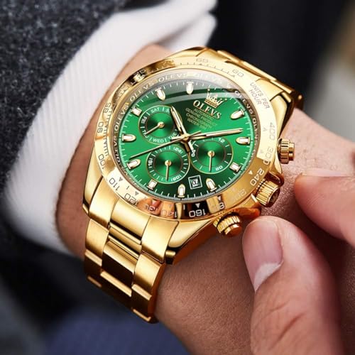 OLEVS Gold Watches for Men Automatic Self Winding Luxury Waterproof Watch Calendar Stainless Steel Business Luminous Men's Wrist Watch