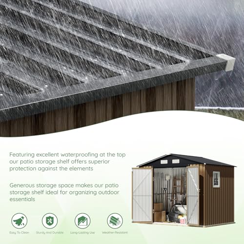 10X12X7.5 FT Outdoor Steel Storage Shed with Lockable Doors, 2 Windows, Transparent Roof Panels (Wood Panels & Frame Floor Not Included), Ideal for Patio Storage,Garbage Can, Chicken Coop，Brown