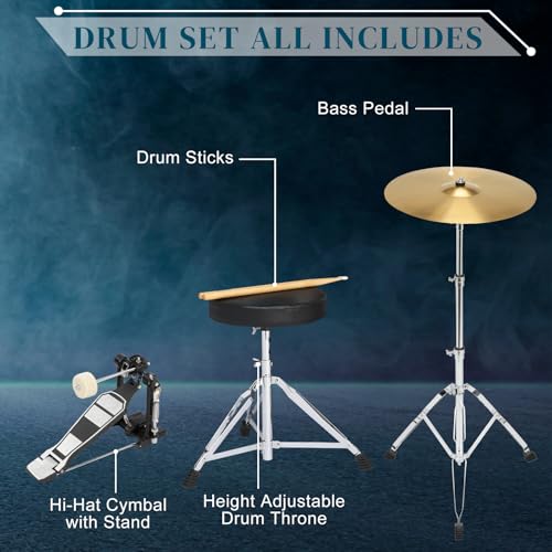 Ktaxon 22 Inch Adult Drum Set, 5-Piece Full-Size Drums Kit with Cymbal Stands, Hi-hat Stand, Sticks, Drum Pedal, Stool & Floor Tom for Beginner Teens Student (Blue)