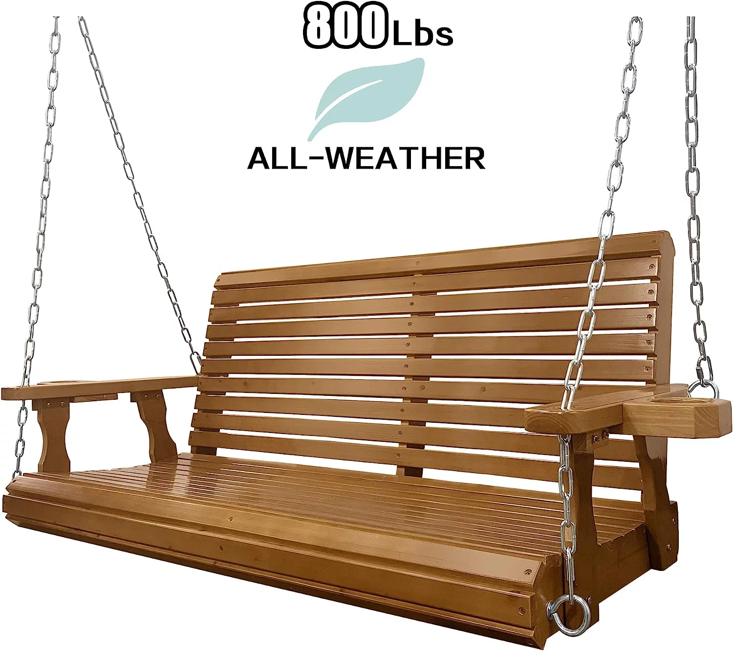 Patio Wooden Porch Swing 2 Seater with Cupholders, 800 lbs Bench Swing for Outdoors, 4.5 feet Brown