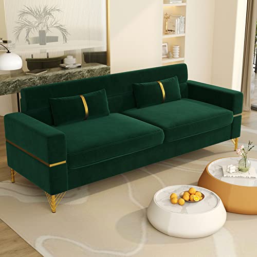 86 " Velvet couch, 3 Seater Sofa Oversized with 2 Pillows, Modern Loveseat Sofa with Armrest, Mid-Century Tufted Sofabed , Comfy Couches for Bedroom, Sofa Couch for Office,Living Room,Apartment, bige