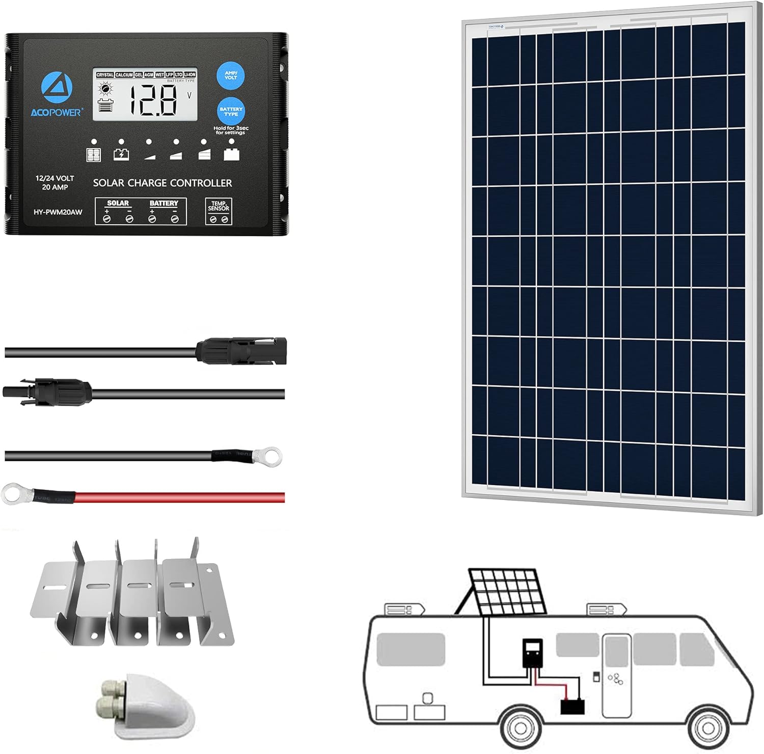 ACOPOWER Solar Panel Kit, 800W 12/24V Polycrystalline Off-Grid System for RV Home Marine with 8PCs 100W Rigid Solar Panels/60A MPPT Controller/Z-Brackets/Y Connectors/Solar Cables/Cable Entry Housing