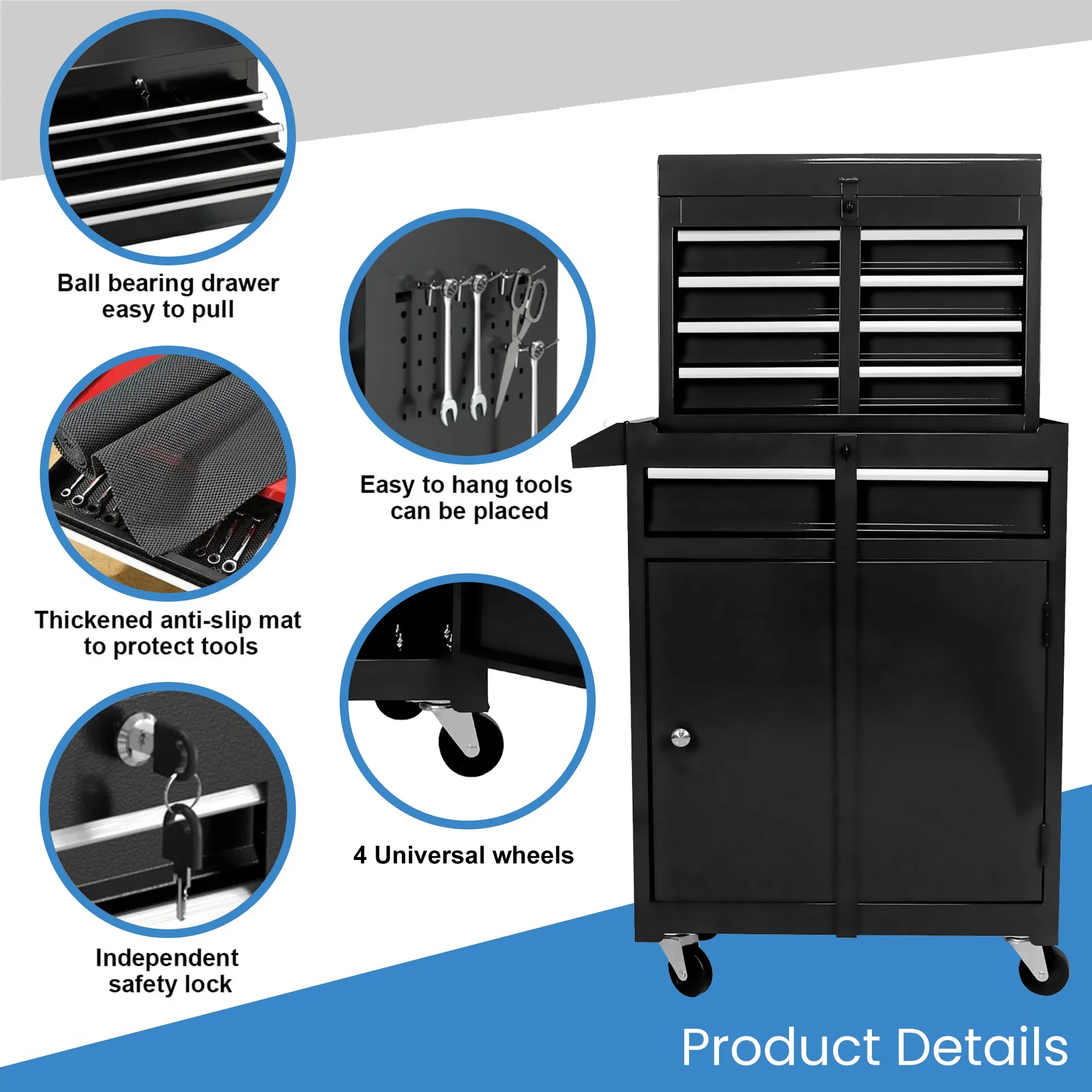 Aukfa Tool Chest, 2 in 1 Steel Rolling Tool Box & Cabinet On Wheels for Garage, 8-Drawer, Blue