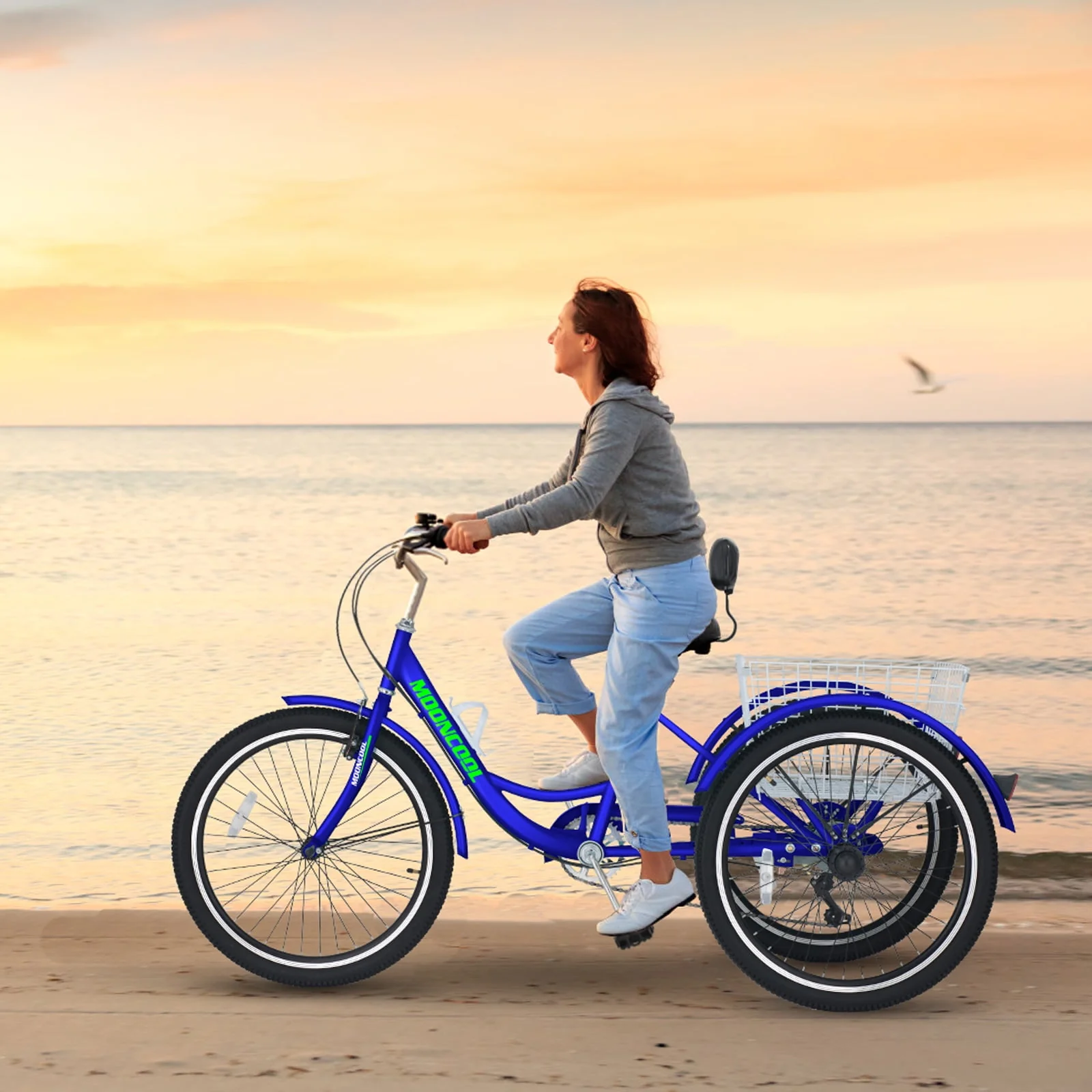MOPHOTO Adult Tricycle for Seniors,Low Frame Three Wheel Bikes with Large Basket & Bell (Cyan, 26inch /7-Speed), 3 Wheel Cargo Bicycle,Safe and Durable Trike