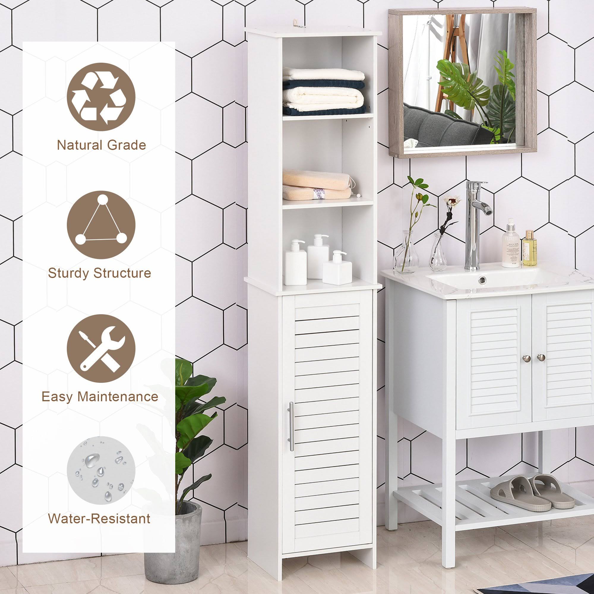 Kleankin Organizer Bathroom Tall Storage Cabinet w/ Door Tower Cupboard Open Shelves Freestanding Furniture - White