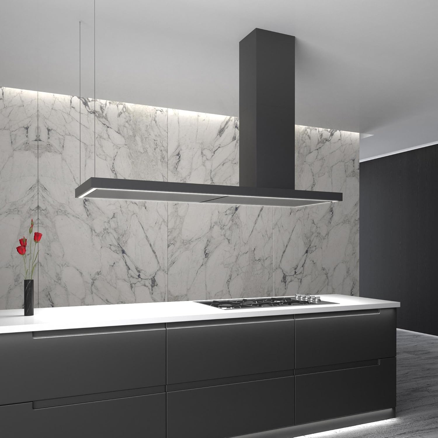 Futuro Futuro Turo Black 69 Inch Island-mount Range Hood, Contemporary Design, Offset, Painted steel, LED, Ultra-Quiet, with Blower