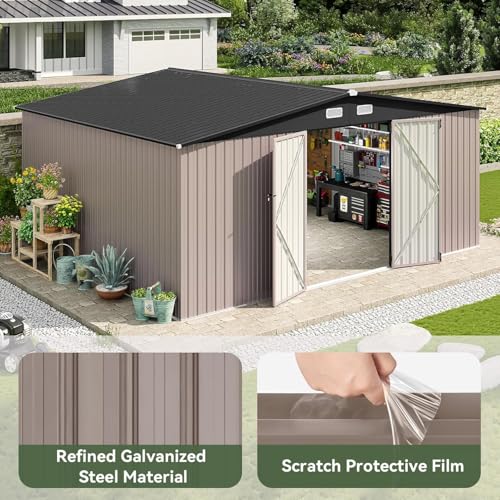 Aoxun 10 x 12FT Outdoor Storage Shed with Double Hinged Large Door Utility Garden Shed with Lockable Door & Sloped Roof Metal Sheds Outdoor Storage for Garden, Backyard, Patio and Backyard, Brown