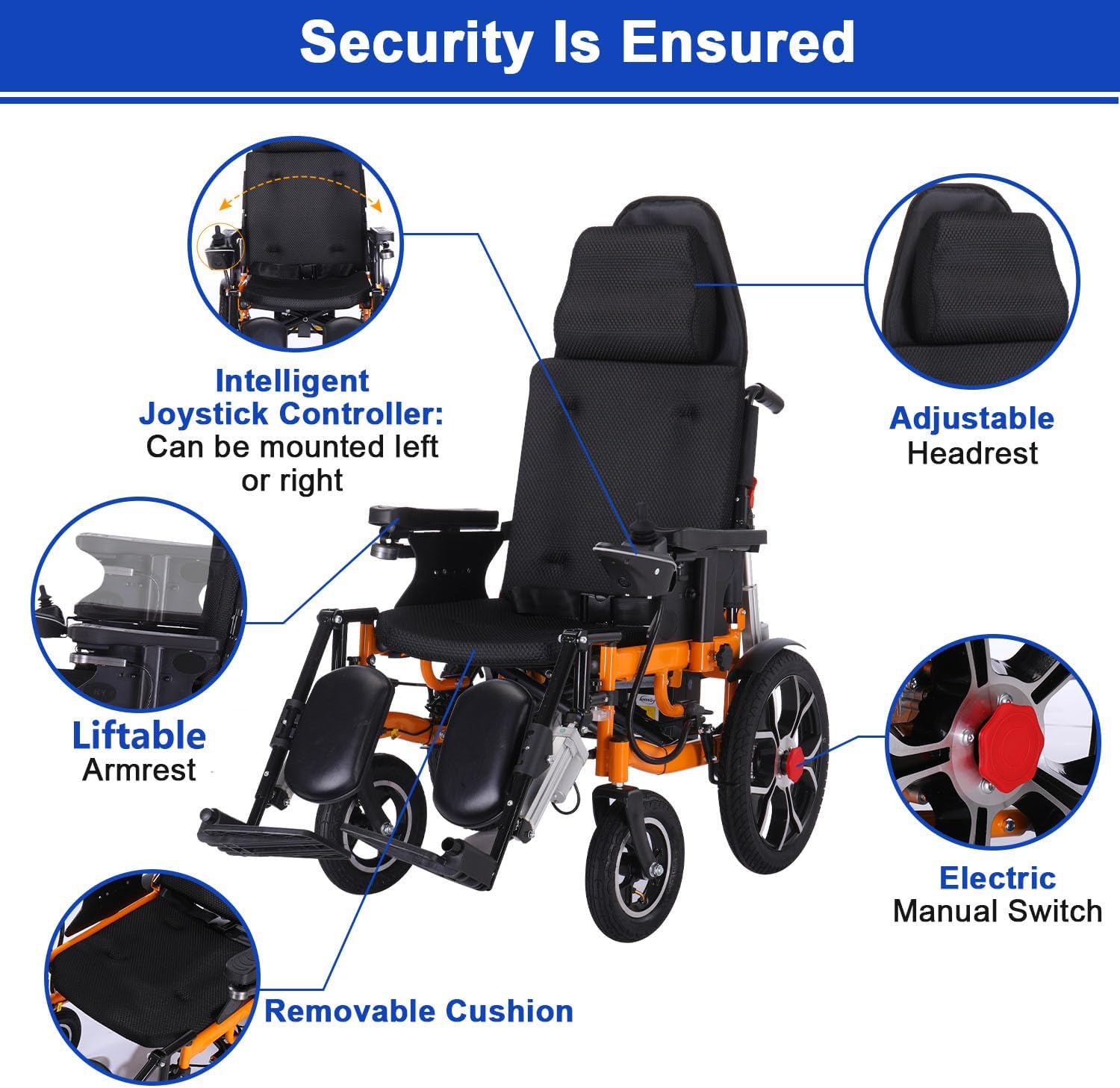 Reclining Electric Wheelchair,Foldable Intelligent Wheelchairs for Adults,20Miles Long Range Power Wheelchair,Lightweight Motorized Wheelchair for Seniors with Headrest, Remote Control Wheelchair
