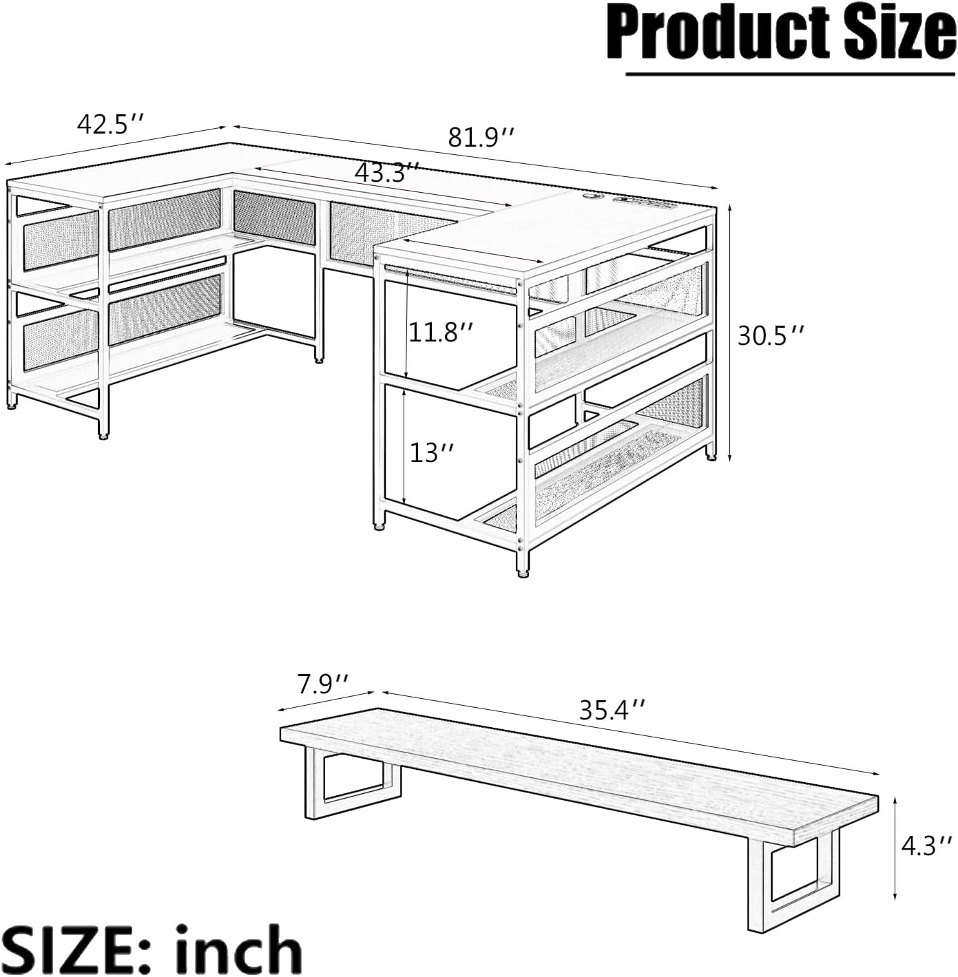U-Shaped Desk with Shelve and LED Lights