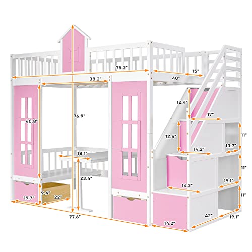 Twin Castle Style Bunk Bed with Slide, Twin-Over-Twin Bunk Bed with 2 Drawers and 3 Shelves, Storage Staircase, Save-Space Solid Wood Bunk Bed Frame for Teens (Pink-Twin-Castle Style)