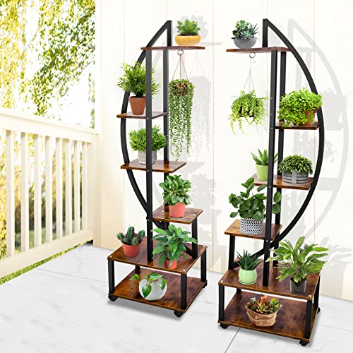 Seeutek 2 pcs 6 Tier Tall Metal Indoor Plant Stands with Hanging Loop,Half Moon Shaped Ladder Plant Shelf Holder,Multiple Plant Stand Flower Pot Rack for Home Decor Patio Lawn Garden