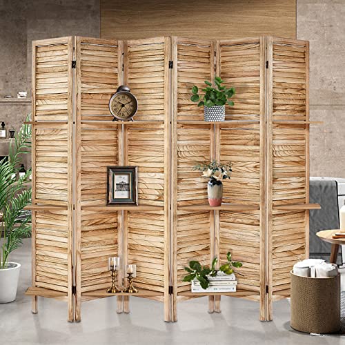 Room Divider with Shelves, Privacy Screen, Room Dividers and Folding Privacy Screens, 5 Panel Wood Temporary Wall Partition Separation Separator, Coconut