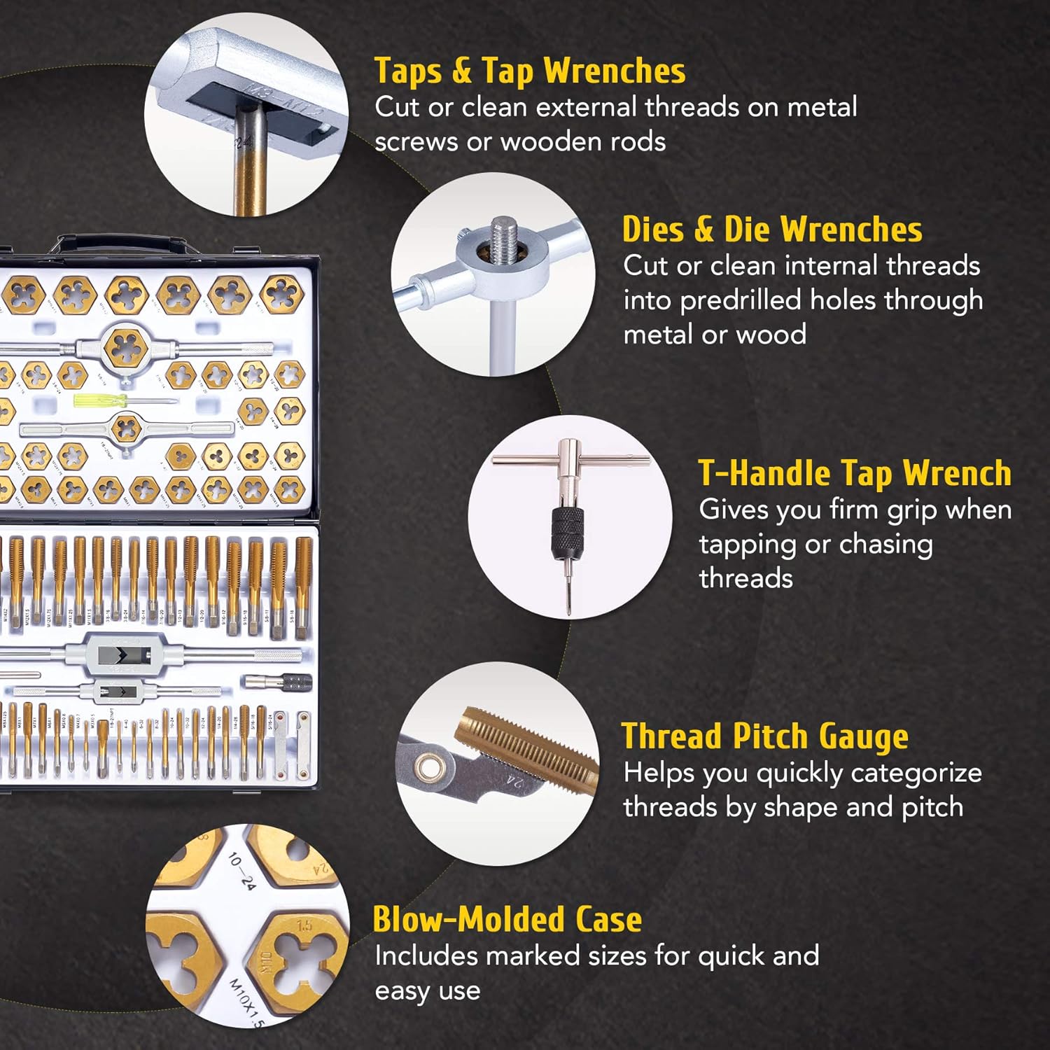ORION MOTOR TECH 86pc Tap and Hex Die Set in SAE and Metric | Titanium Coated Steel Tap Set and Die Tool Set for Homeowners Mechanics Metric Standard Internal External Threading(Iron Case)