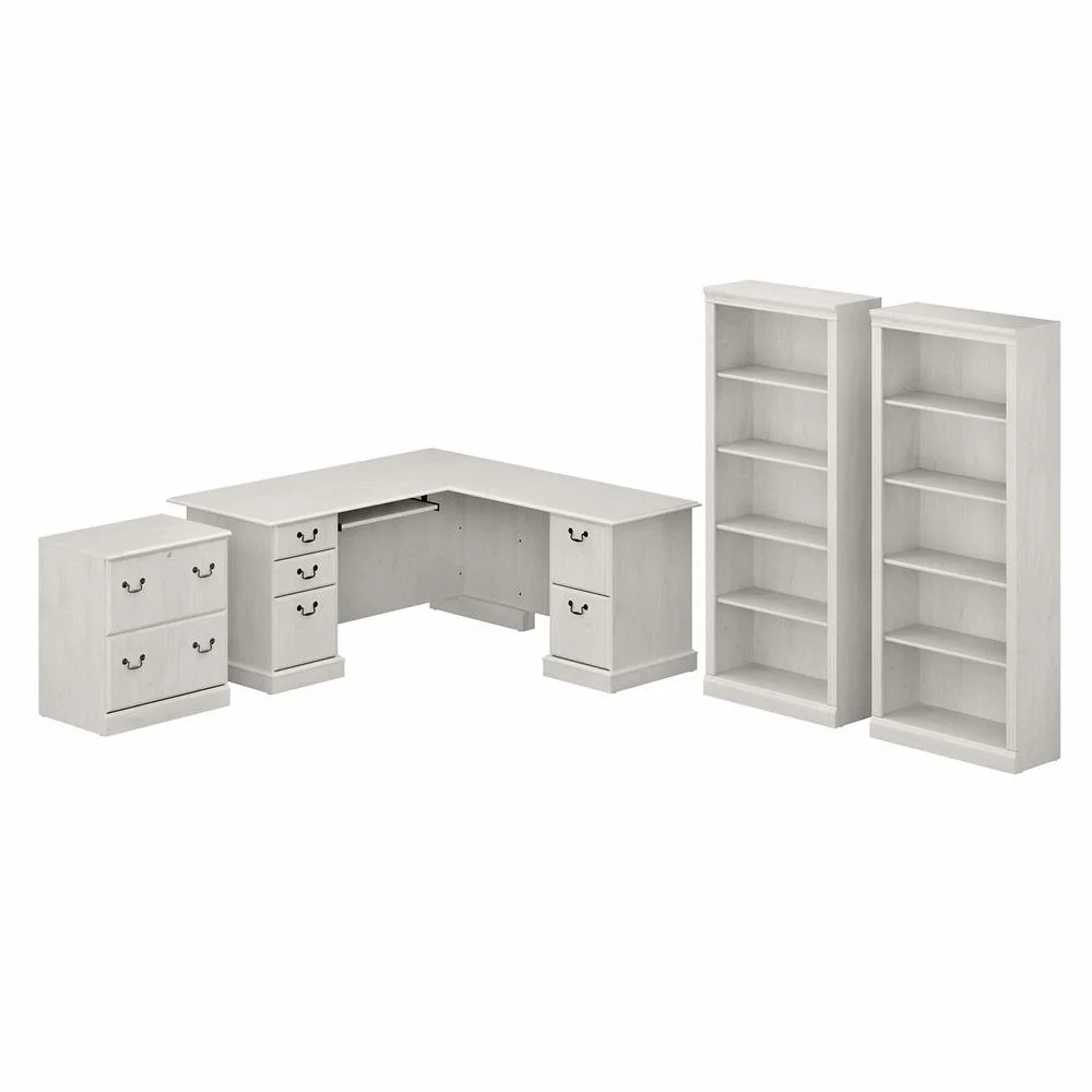Saratoga L Shaped Desk with Storage Set in Linen White Oak - Engineered Wood