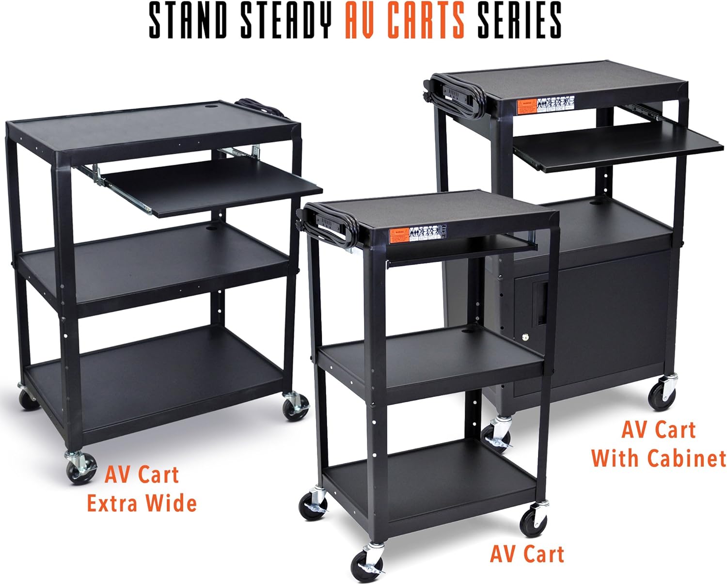 Line Leader Large AV Cart with Locking Cabinet | Height Adjustable Utility Cart | Includes Pullout Keyboard Tray & Cord Management | Easy Assembly (32in x 18in x 42in / Black)