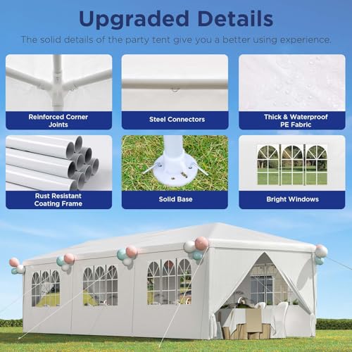 YOLENY 10x30 Ft Outdoor Party Canopy, Waterproof Heavy Duty Wedding Tent with 6 Sidewalls & 2 Zippered Doors, Event Tent for Birthday, Patio, BBQ, and Holiday Gatherings, White