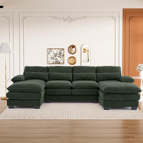 U Shaped Sectional Sofa Cloud Couch for Living Room, 114" Oversized Comfy Chenille Modular Deep Seat Sofa, Modern Large Fluffy 4-Seat Sofa with Lounge Chaise Pillows, Black