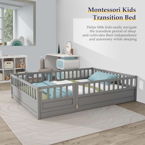 Full Floor Bed with Elevated Safety Guardrails and Door, Montessori Floor Bed for Kids, Wood Kids Floor Beds Frame, Full-White