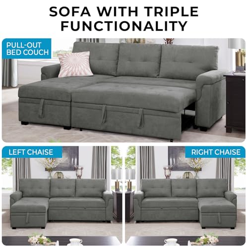 Naomi Home Jenny Sectional Sofa Sleeper with Storage Chaise, Tufted Pull Out Couch with Storage, L-Shaped Reversible Sleeper Sofa with Storage, Black,Air Leather