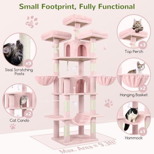 Globlazer Big Cat Tower for Indoor Cats, 80inch Cat Tower for Multiple Adult Cats XXL Cat Tree with Scratching Post, Hammock, 3 Perches, 2 Condos, 2 Hanging Basket, F80, Light Grey
