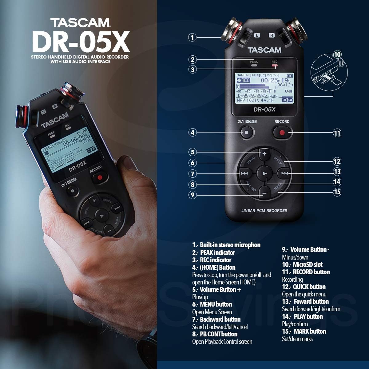 Tascam DR-05X 2-Input / 2-Track Portable Stereo Handheld Digital Audio Recorder w/USB Audio Interface (Black)++ 32GB + Beyerdynamic Earphones + Microphone + Deluxe Accessories Bundle