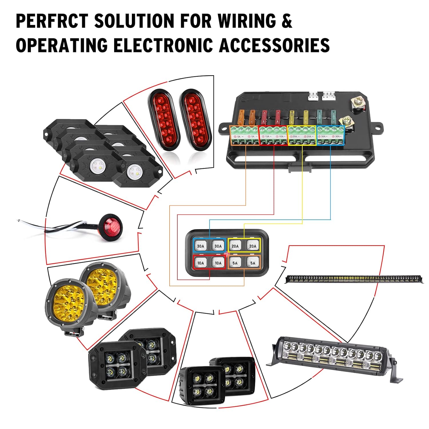 ANGU-OFFROAD 6 Gang Switch Panel, 12V Pod Electronic Fuse System Electronic Fuse System Circuit Control Box with Harness Label Sticker Circuit Control Box Pod for Car Truck Boat ATV UTV Offroad