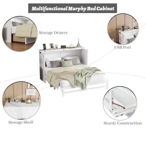 Queen Murphy Bed Cabinet, Murphy Bed Queen with Storage Drawer & Charging Station, USB Port, Solid Pine Wall Beds for Home Office, Studio or Guest Room, White