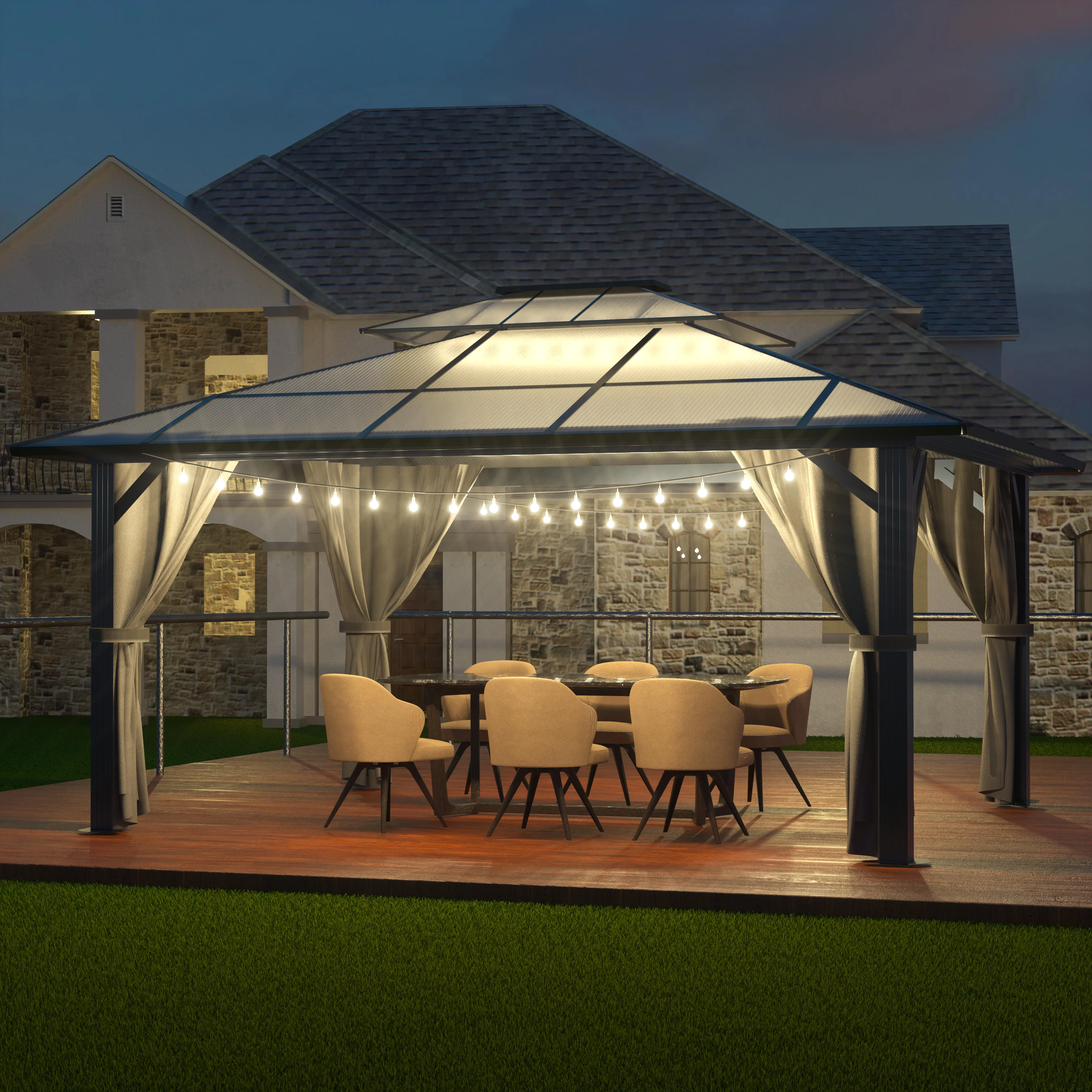 VEIKOUS 10ft x 13ft Outdoor Double Roof Gazebo w/ Netting & Curtains - Aluminum Frame Permanent Pergola for Garden Patio Lawns Parties - Curated Treasures Market