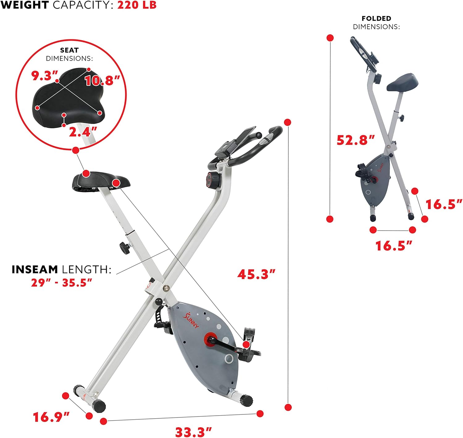 Sunny Health & Fitness Magnetic Foldable Exercise Bike - SF-B2989, grey