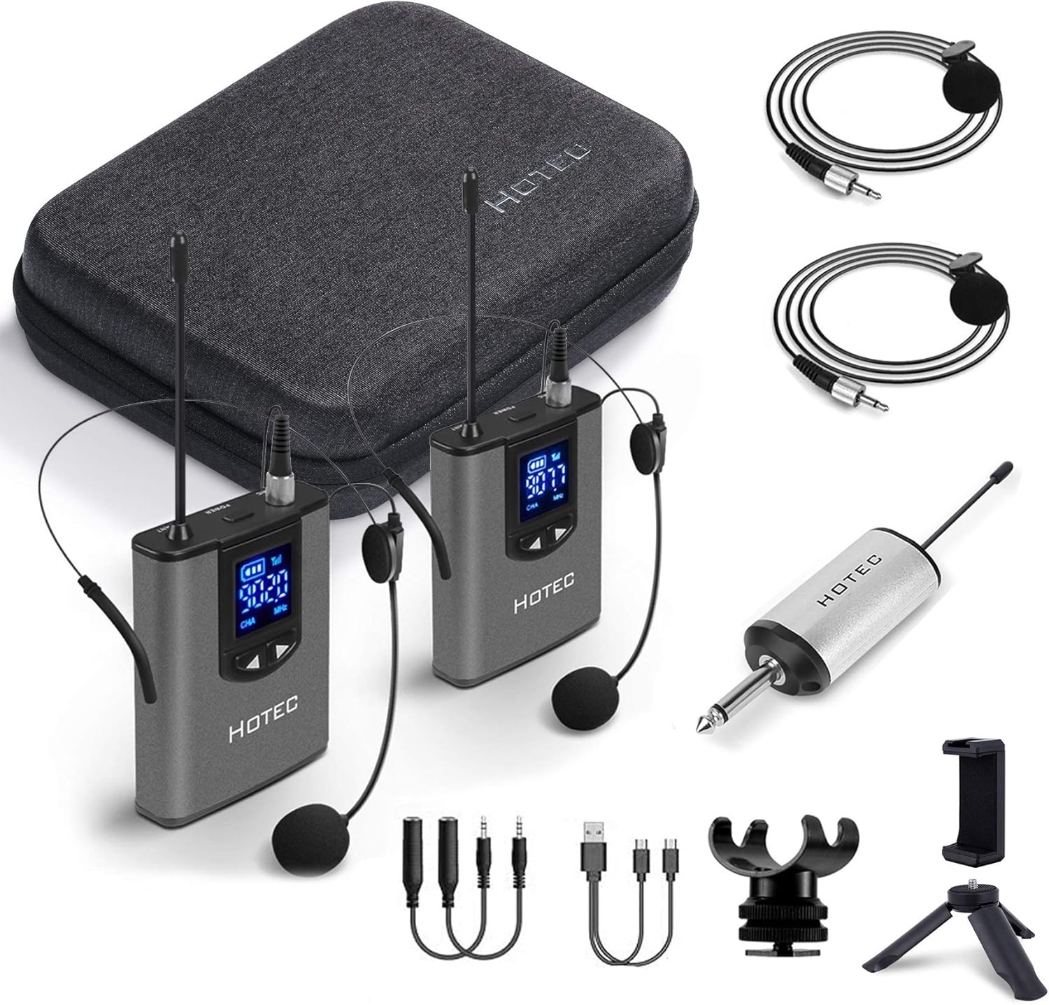HOTEC Wireless Dual Headset Microphones/Lavalier Lapel Mics Include Storage Case, Bodypack Transmitters and One Mini Rechargeable Receiver 1/4 Output, for Live Performances