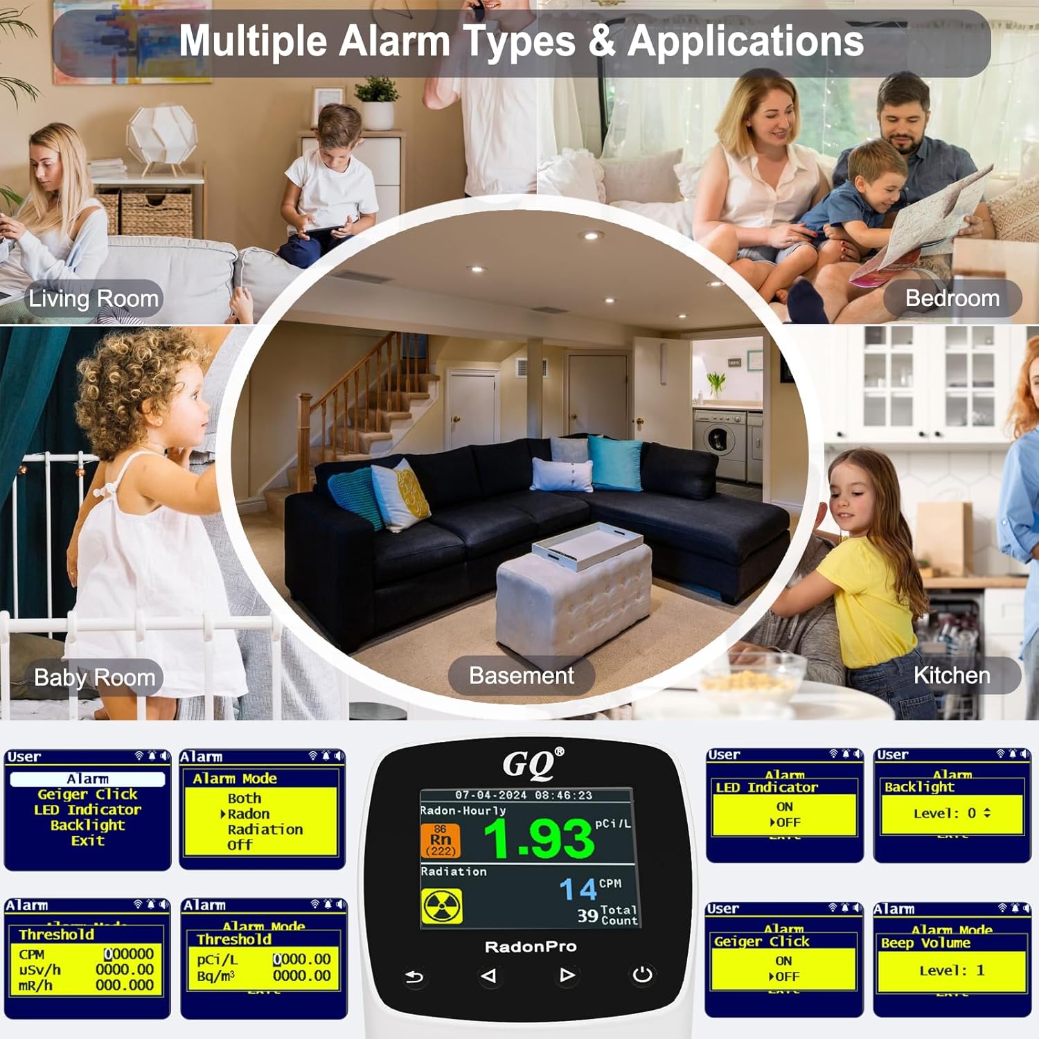 GQ Radon Detector Radon Pro 2-in-1 Radon Monitor Nuclear Radiation Detector Geiger Counter simultaneously detection fast accurate color simple display USA design