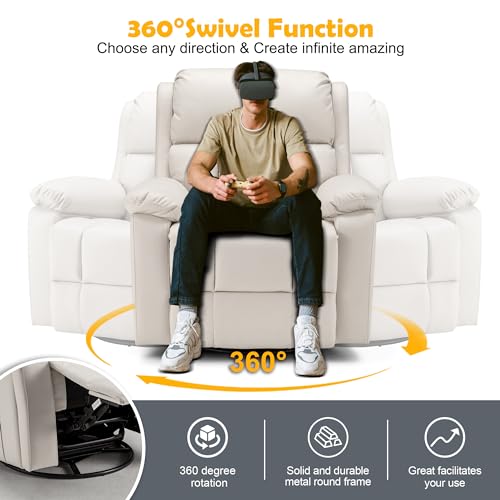 GYUTEI Massage Recliner Chair with Heated, 360 Degree Swivel Rocking Recliner Chair for Adults, Microfiber Cloth Lazy Boy Recliner with Side Storage Bag for Living Room, Bedroom, Nursery (Beige)