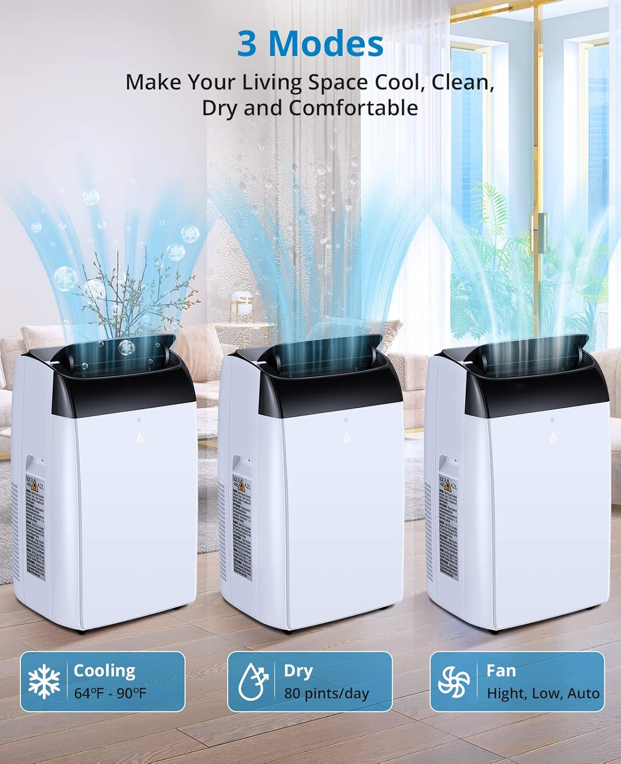 12000 BTU Portable Air Conditioner, Portable AC with Remote Control for Room up to 550 Sq. Ft, Floor Room AC Unit with Cool, Dehumidifier, Fan Mode, Black Top Cover