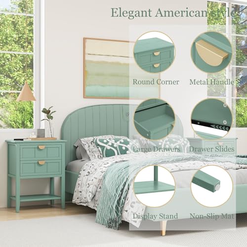 Small Nightstand End Table - Bedside Table with 2 Drawers, Wood Night Stand with Storage Shelf, Narrow End Tables for Bedroom (Green Set 1)