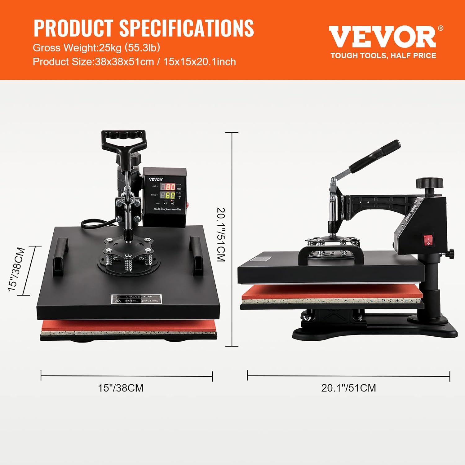 VEVOR 8 in 1 Heat Press Machine Combo 15x15, 360° Swing Away Tshirt Press Machine for Printing Hat Mug T Shirts Cap, Digital Multifunctional Sublimation Heat Transfer Machine