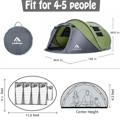 4 Person Easy Pop Up Tent Waterproof Automatic Setup 2 Doors-Instant Family Tents for Camping Hiking & Traveling