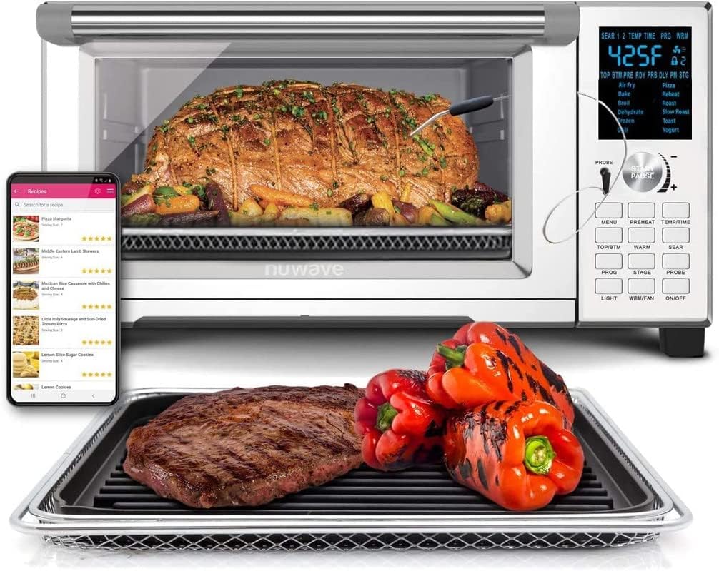 NUWAVE Bravo Air Fryer Toaster Smart Oven, 12-in-1 Countertop Convection Grill Griddle Combo, 30-Qt XL Capacity, Integrated Temperature Probe for Perfect Results, Never-Rust Stainless Steel Racks, 50°-500°F Temperature Controls, Top and Bottom Heater