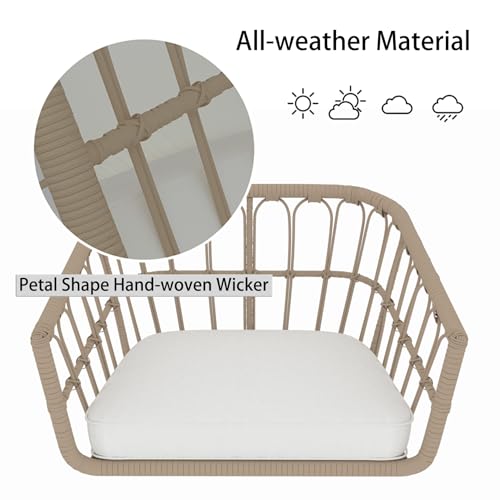 3-Piece Patio Bistro Set, PE Wicker Balcony Conversation Sets,Outdoor Furniture Chairs w Round Tempered Glass Table & 2 Thick White Cushions Ideal for Porch Backyard Lawn Poolside (Beige)