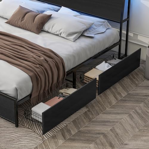 Queen Bed frame with LED Lights, Metal Platform Bed Frame with 4 Storage Drawers, Tall Bookcase Headboard and Charging Station, Sturdy, No Box Springs Needed Black