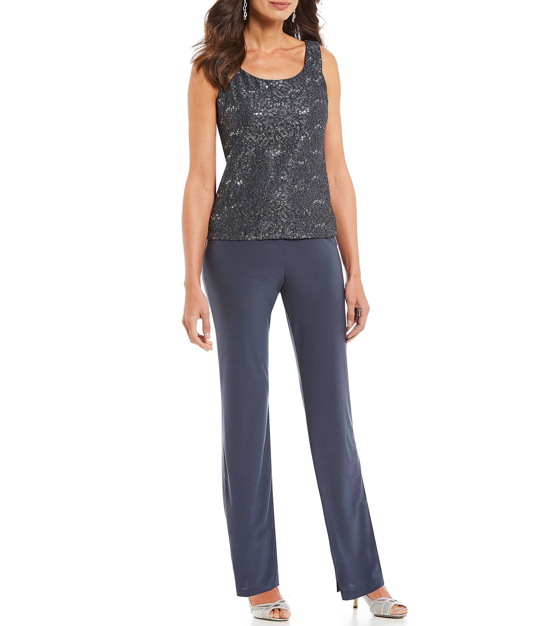 R M Richards 3-Piece Sequin Glitter Scallop Lace Duster Pant Set - 10