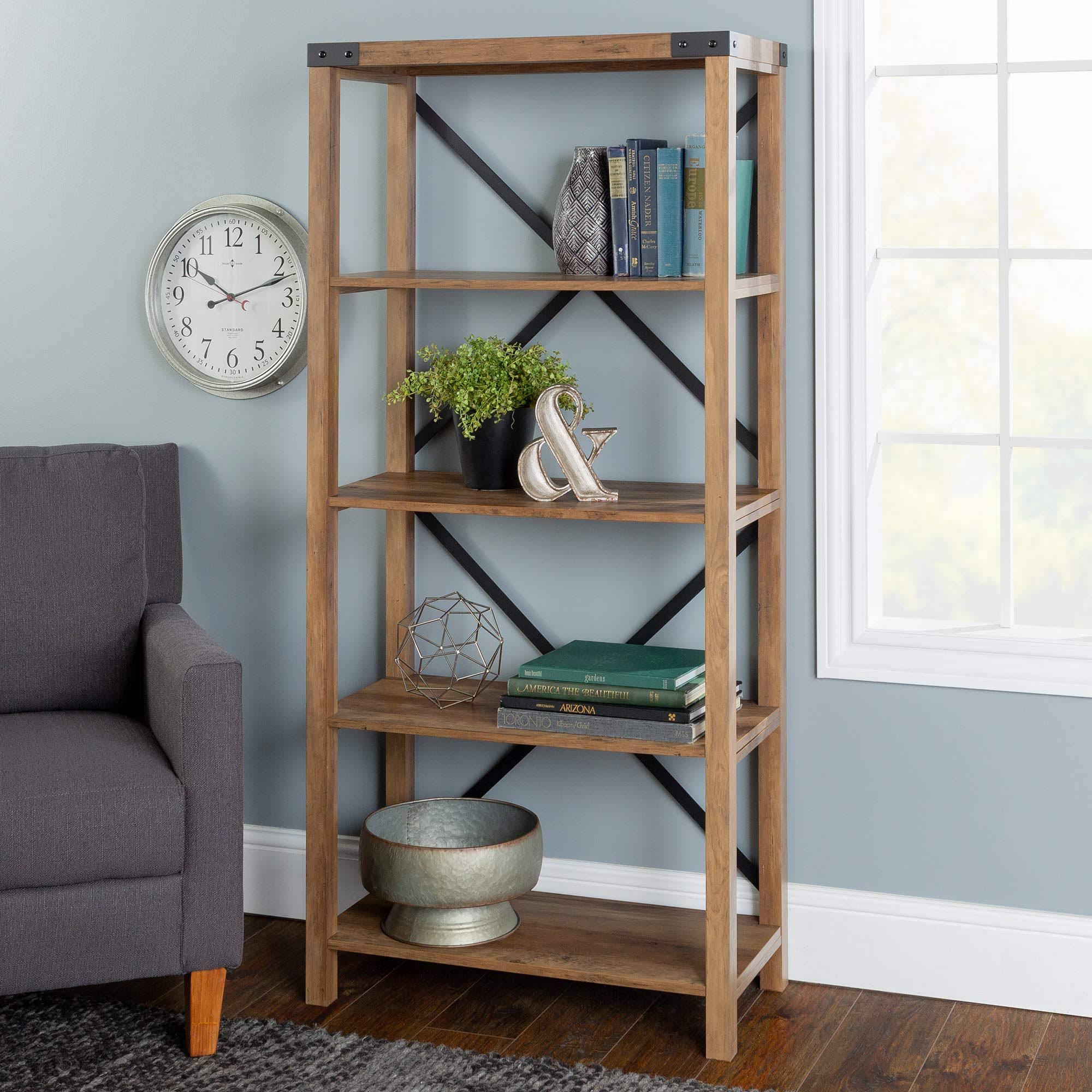 Walker Edison 64x22 Farmhouse Metal Bookcase Rustic Oak