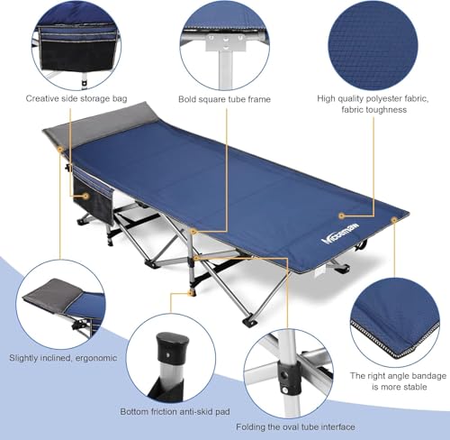 Nictemaw Folding Camping Cot, 900 LBS Heavy Duty Sleeping Cot Portable Camping Cots for Adults Double Layer Oxford with Carry Bag for Home, Office Nap, and Outdoor Beach, Blue